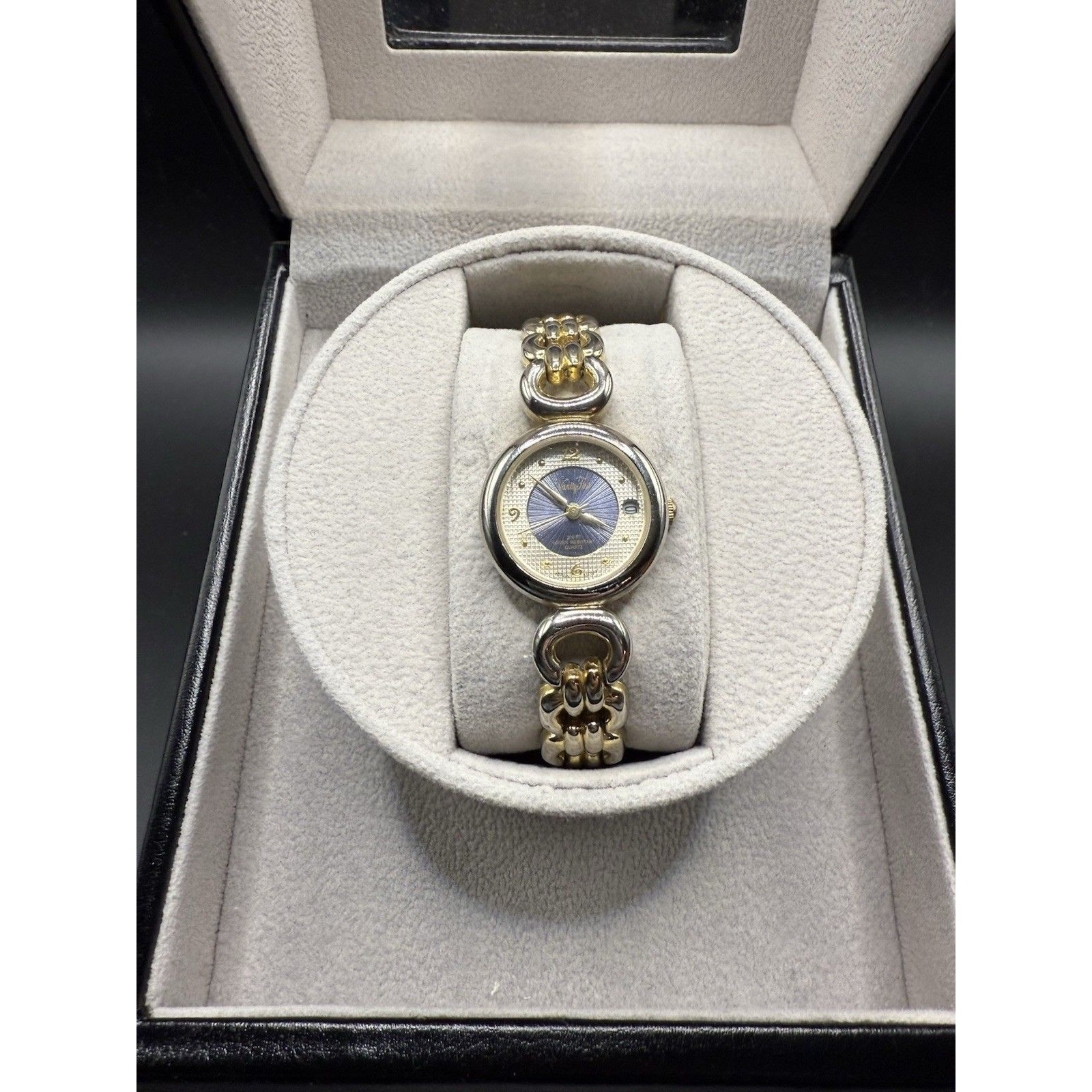 Vintage Vanity Fair Womens Twotone Quartz Watch BlueGold Textured Dial 22mm